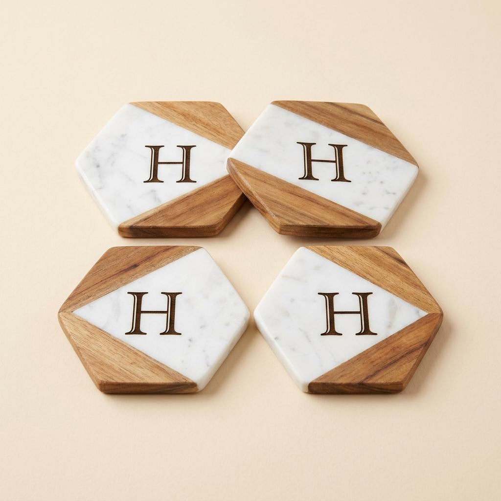 Marble & Acacia Wood Coaster Set